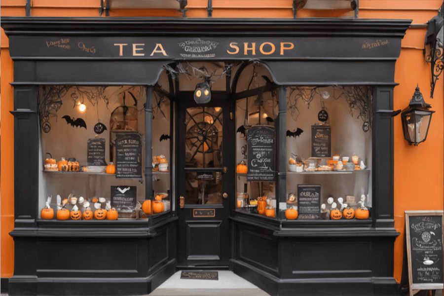 Un salon de thé décoré pour Halloween